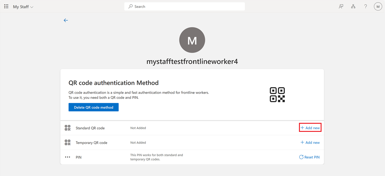 Captura de pantalla que muestra cómo agregar un nuevo código QR en Mi personal.