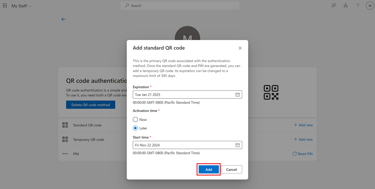 Captura de pantalla que muestra cómo seleccionar la fecha de expiración de un código QR en Mi personal.