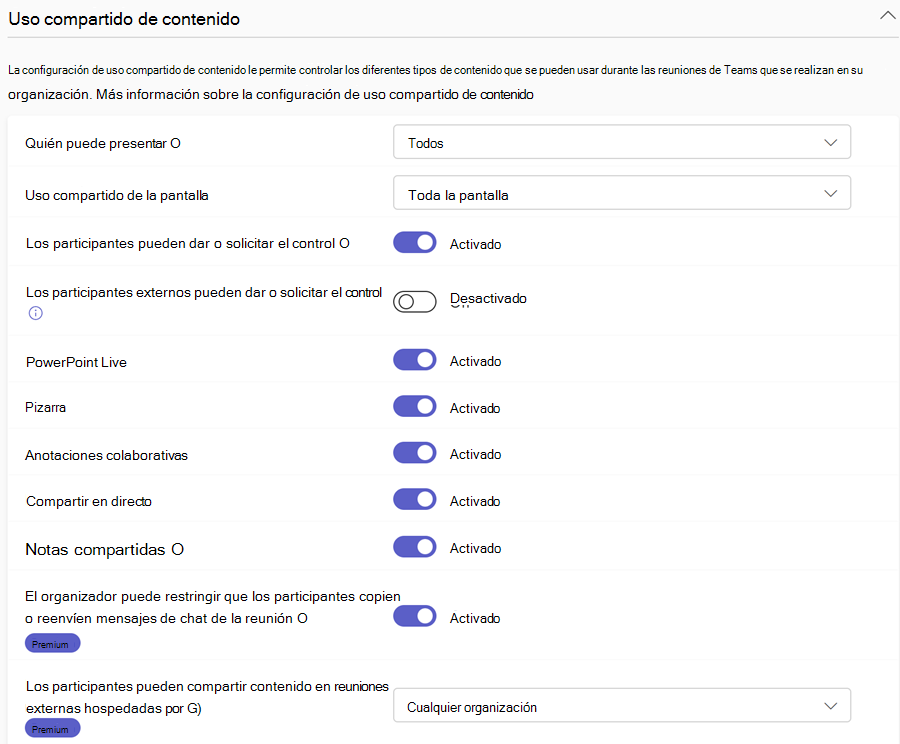Captura de pantalla de las directivas de uso compartido de contenido de reuniones de Teams en el Centro de administración de Teams.