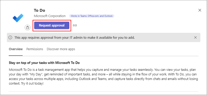 Captura de pantalla que muestra la opción de solicitar a un administrador que apruebe una aplicación bloqueada.