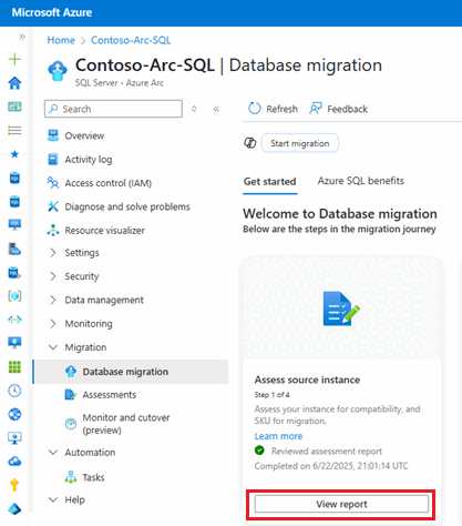 Captura de pantalla que muestra el panel de Migración de base de datos para la instancia de SQL Server en el portal de Azure, con Ver informe resaltado.