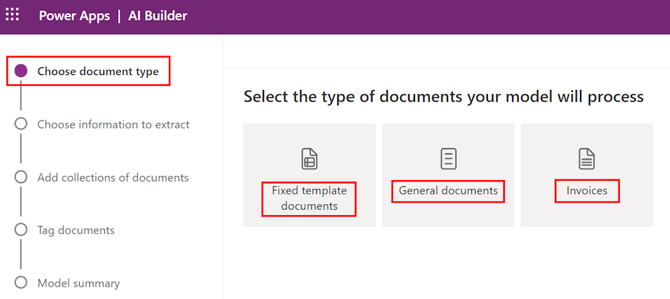 Captura de pantalla de los tipos de documento diferentes.