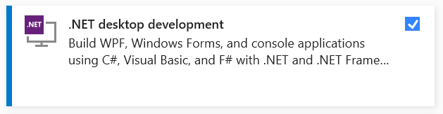 Selección de carga de trabajo de desarrollo para el escritorio de .NET del instalador de Visual Studio.