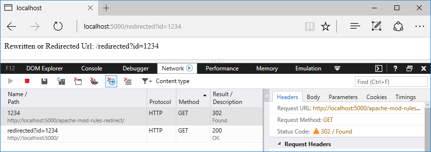 Ventana del explorador con herramientas de desarrollo realizando un seguimiento de las solicitudes y las respuestas: Agregar redireccionamiento de Apache mod