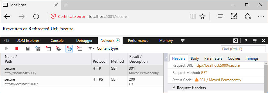 Ventana del explorador con herramientas de desarrollo realizando un seguimiento de las solicitudes y las respuestas: Agregar redireccionamiento a HTTPS