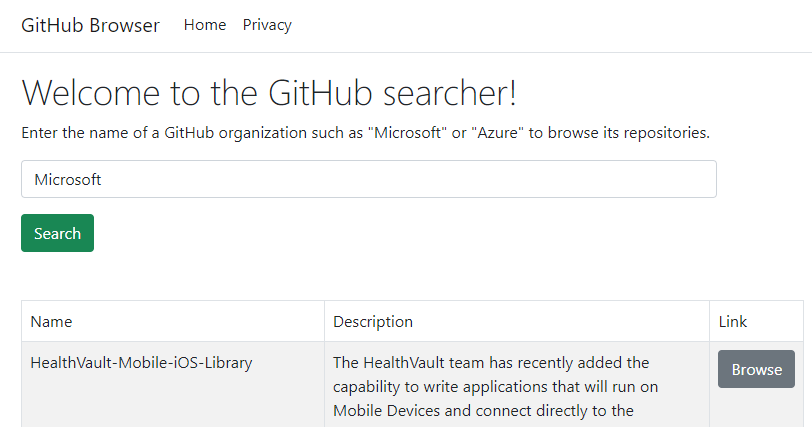 Captura de pantalla en la que se muestra la aplicación GitHub Explorer.