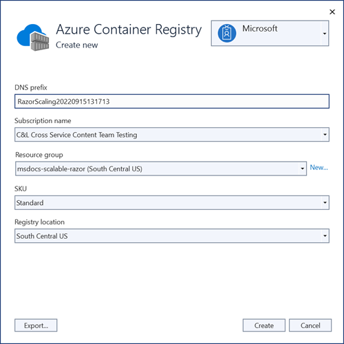 A screenshot showing the values for a new container registry.