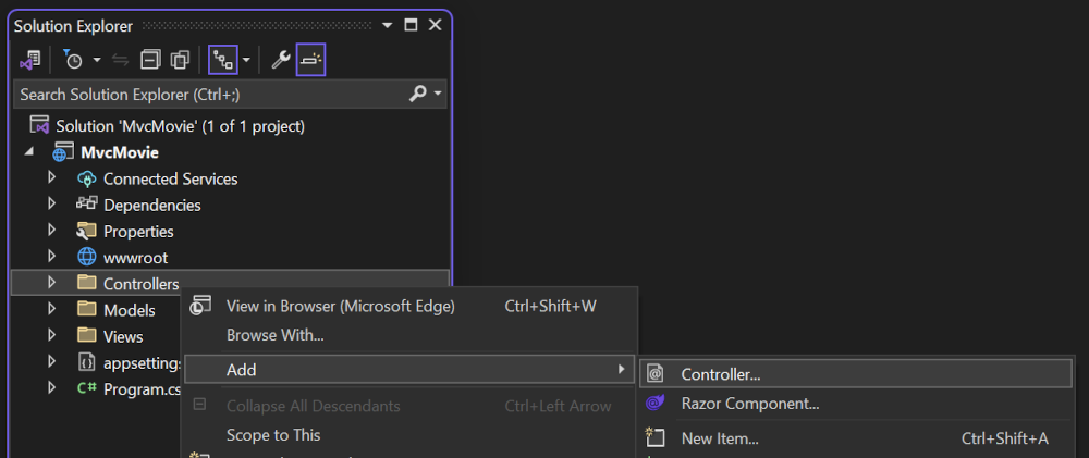 En el Explorador de soluciones, haga clic con el botón derecho en Controladores > Agregar > Controlador
