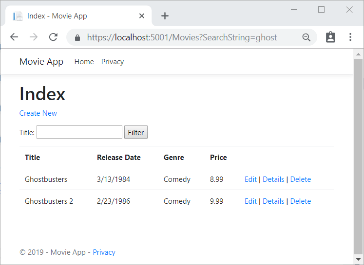 Ventana del explorador que muestra searchString=ghost en la URL y las películas que se devuelven, Ghostbusters y Ghostbusters 2, que contienen la palabra Ghost (Fantasma)