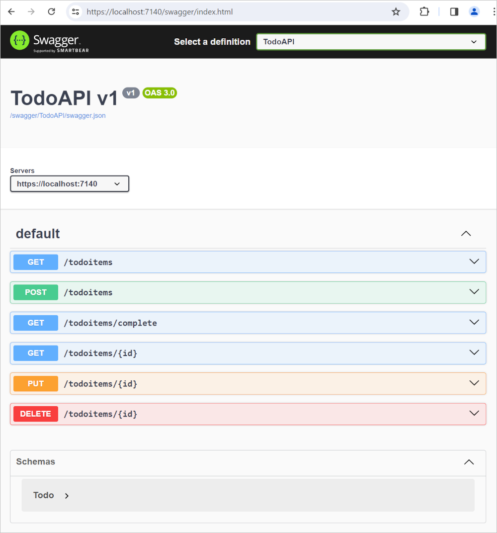 Página de pruebas de API generada por Swagger