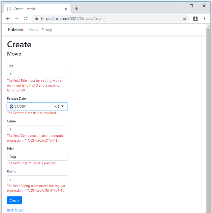 Formulario de vista de película con varios errores de validación de cliente de jQuery