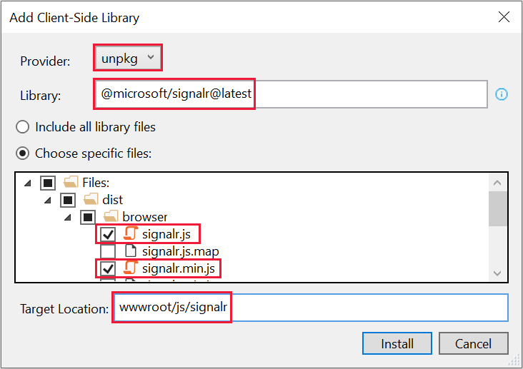 Cuadro de diálogo Add Client-Side Library (Agregar biblioteca del lado cliente): selección de la biblioteca