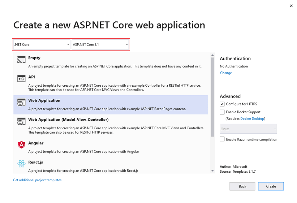 Cuadro de diálogo Nuevo proyecto en Visual Studio