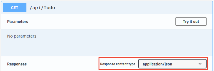 Interfaz de usuario de Swagger con el tipo de contenido de respuesta predeterminado.