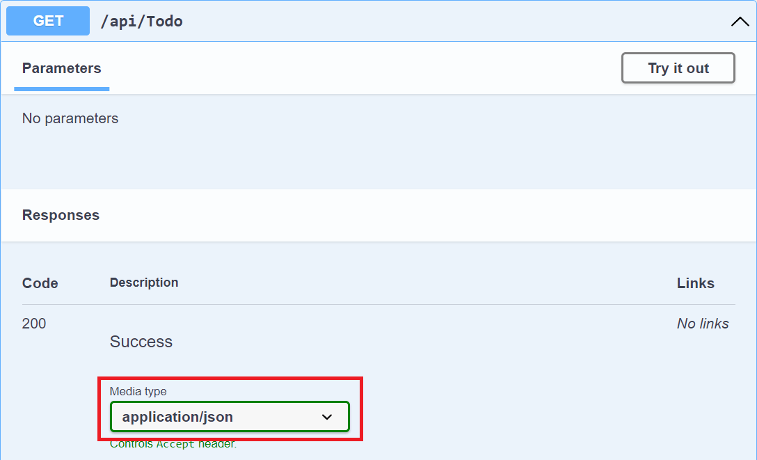 Interfaz de usuario de Swagger con el tipo de contenido de respuesta predeterminado