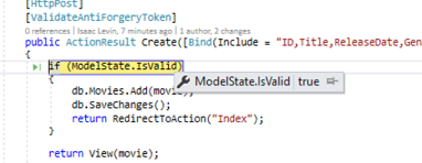 Captura de pantalla que muestra la publicación HTTP y si ModelState.IsValid está resaltado.