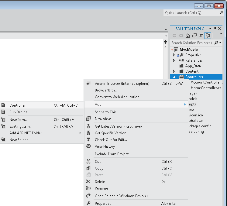 Screenshot that shows the Solution Explorer window. Add is selected in the Controllers right click menu and Controller is selected in the sub menu.