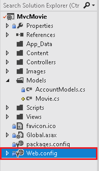 Screenshot that shows the Solution Explorer window. Web dot config is circled in red.