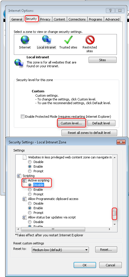 Captura de pantalla que muestra la ventana Opciones de Internet abierta y en la pestaña Seguridad El nivel personalizado está rodeada con un círculo en rojo. En la ventana Configuración de seguridad, Active scripting se establece en Deshabilitar. La barra de desplazamiento está rodeada con un círculo en rojo.