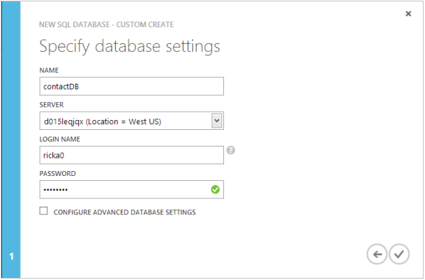 Database Settings step of New Web Site - Create with Database wizard