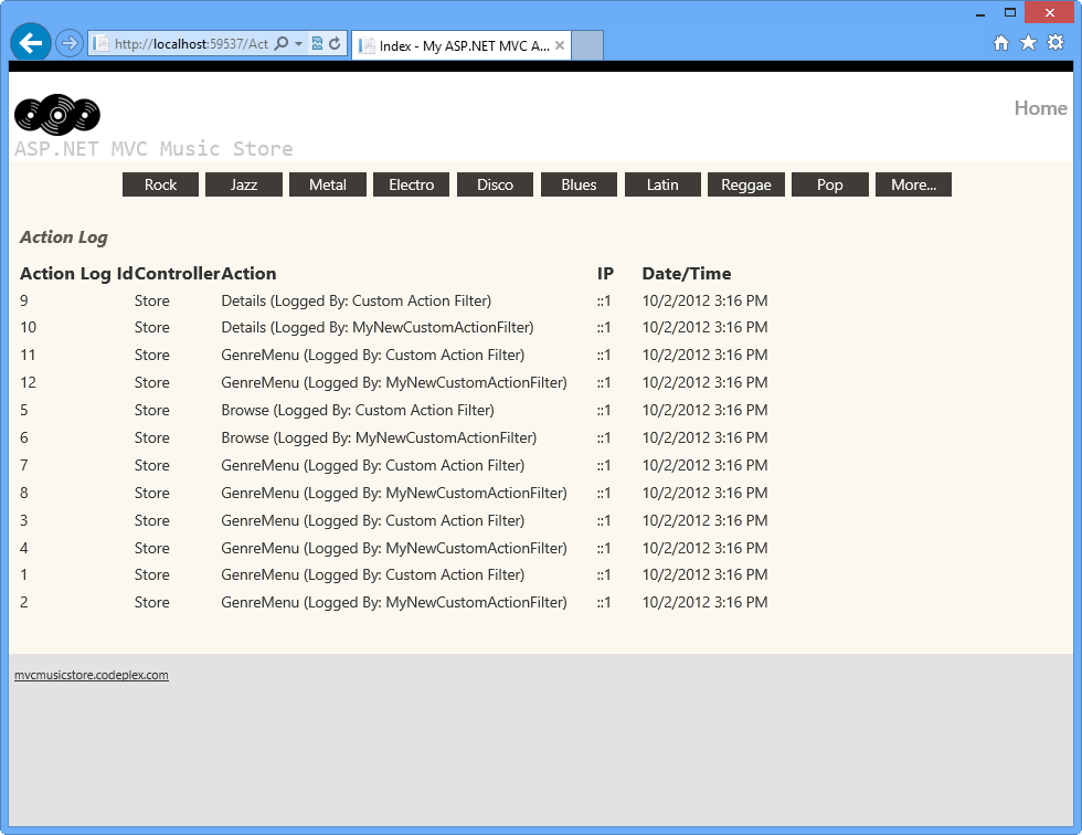 Screenshot shows the Action Log with your visits tracked twice.