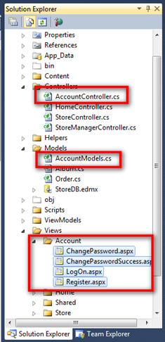 Screenshot of the Solution Explorer pane with Account Controller dot C S, Account Models dot CS, and the files in the / Account / folder highlighted.