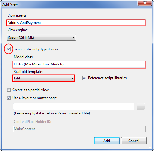 Screenshot of the Add View window with the View name field, the Create a view checkbox, and the Model class and Scaffold dropdowns highlighted in red.