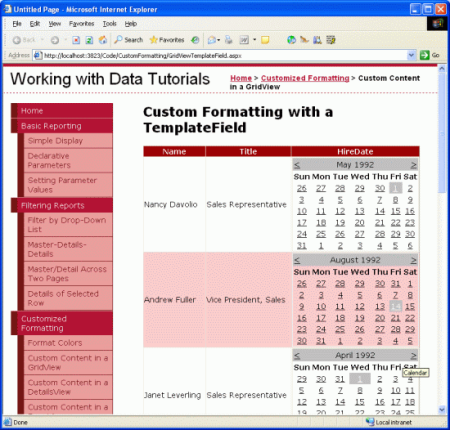 La FechaDeContratación del empleado se muestra en el control de calendario