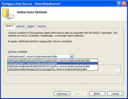 Agregue un nuevo control ObjectDataSource que invoque el método GetEmployees()