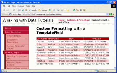 Los campos LastName, FirstName, Title y HireDate se muestran para cada empleado