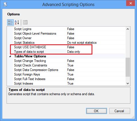 Solo datos de script de SSMS, sin instrucción USE