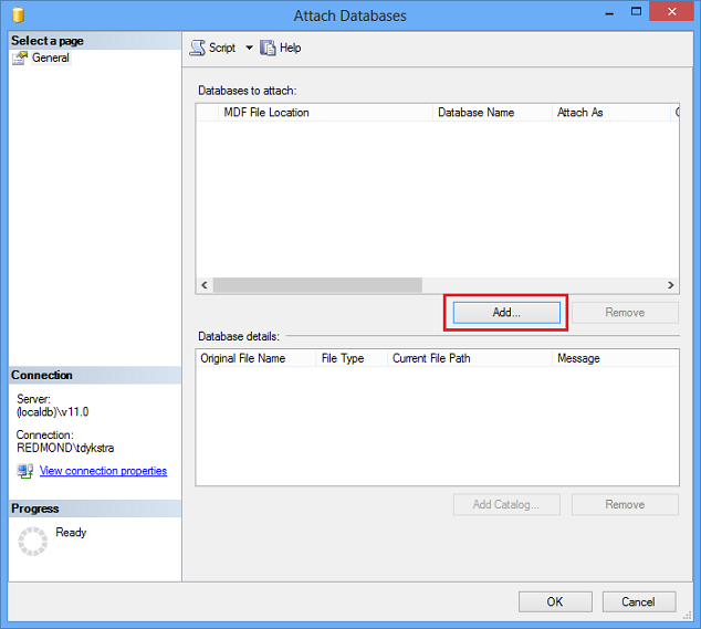 Agregar .mdf archivo de SSMS para adjuntar
