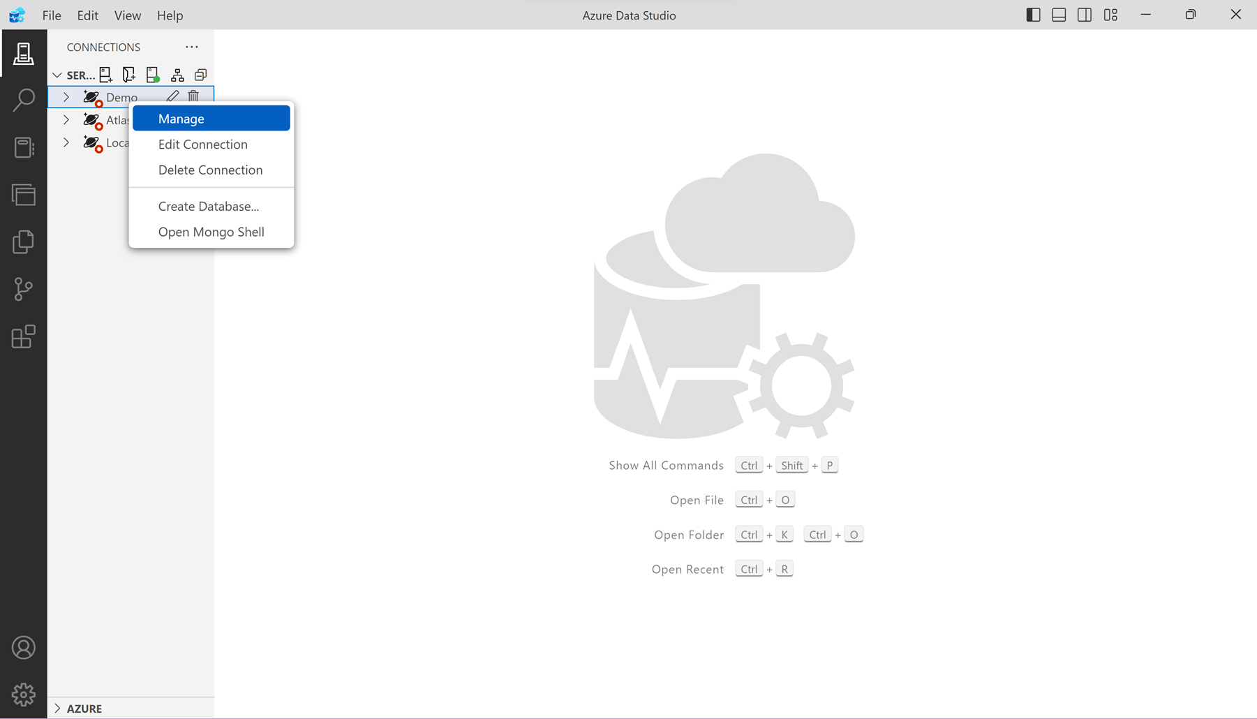 Captura de pantalla de la pantalla Administrar base de datos.