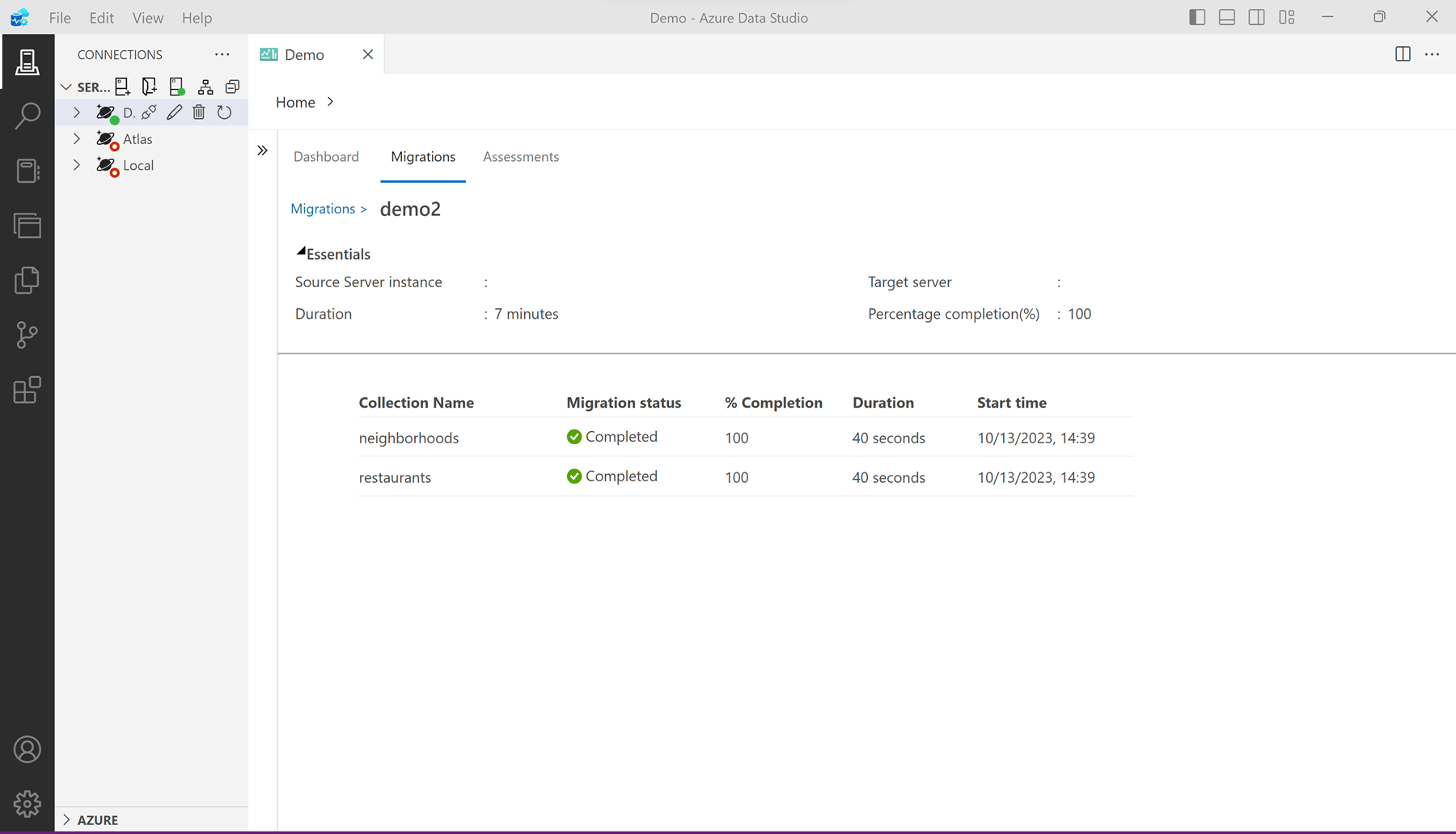 Captura de pantalla de colecciones con el estado de la migración.