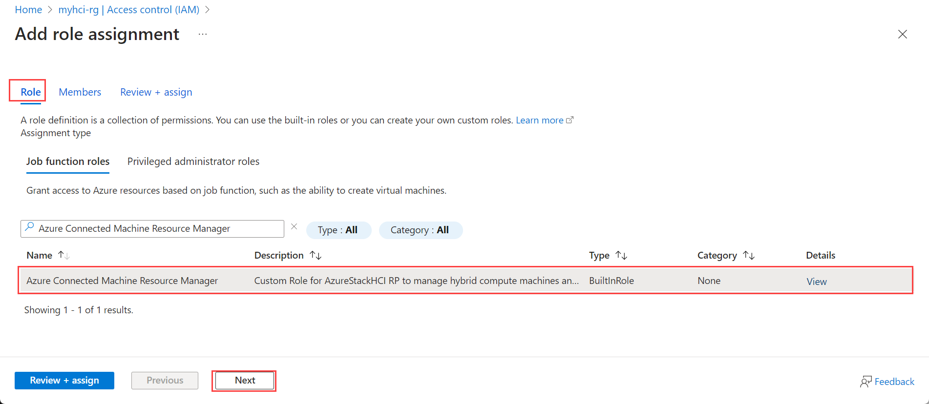 Captura de pantalla que muestra Resource Manager de Azure Connected Machine para el grupo de recursos.