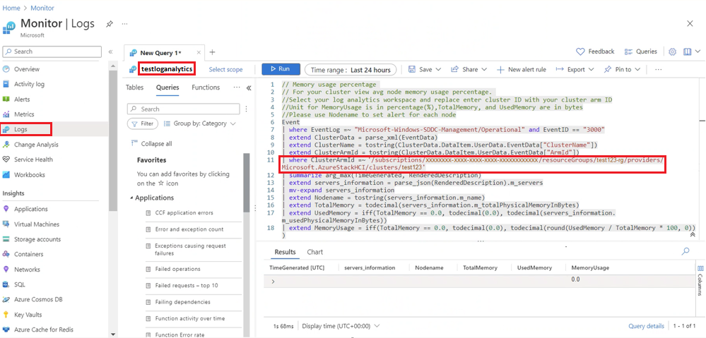 Captura de pantalla del área de trabajo de Log Analytics y la consulta de identificador de Arm de clúster.