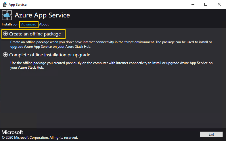 Captura de pantalla que muestra la Azure App Service en las opciones avanzadas del instalador de Azure Stack Hub.