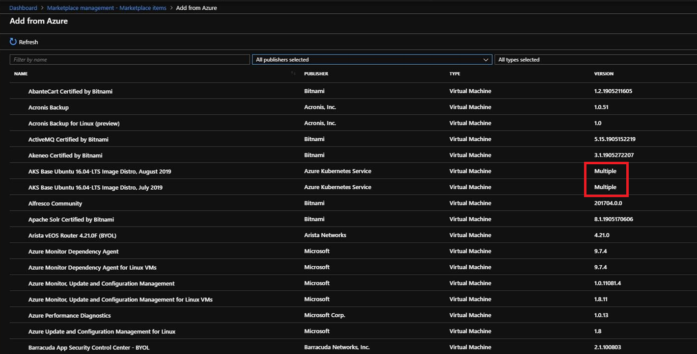 Captura de pantalla que muestra las versiones disponibles de un elemento de Marketplace.