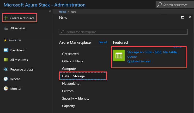 Creación de la cuenta de almacenamiento en el portal del administrador de Azure Stack Hub