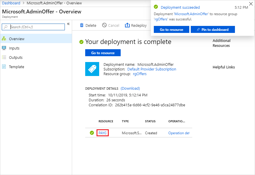 Implementación de la oferta completada en el portal de administración de Azure Stack Hub