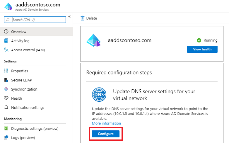 Configuración de los valores de DNS para la red virtual con las direcciones IP de Azure AD Domain Services