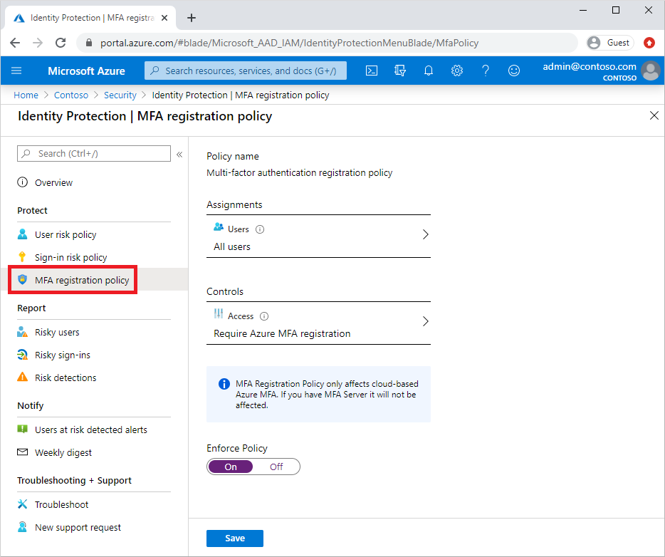Screenshot of how to require users to register for MFA in the Azure portal