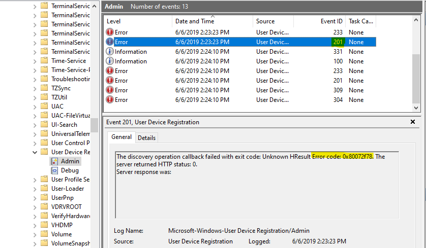Captura de pantalla del Visor de eventos, con el identificador de evento 201 seleccionado, su información mostrada y su código de error resaltado.