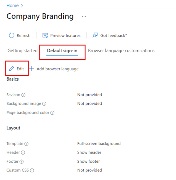 Captura de pantalla del botón Editar de la personalización de marca de la empresa.