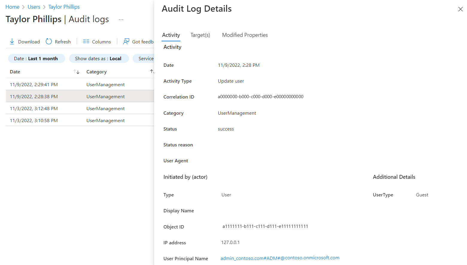 Captura de pantalla que muestra los detalles del registro de auditoría.