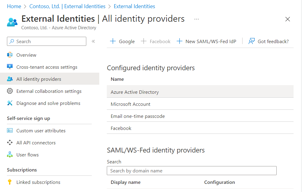 Captura de pantalla que muestra la página Proveedores de identidades.