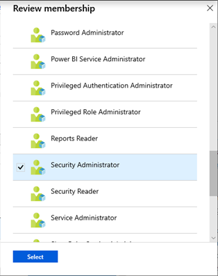 Captura de pantalla que muestra la lista Revisar pertenencia de los roles de Microsoft Entra.