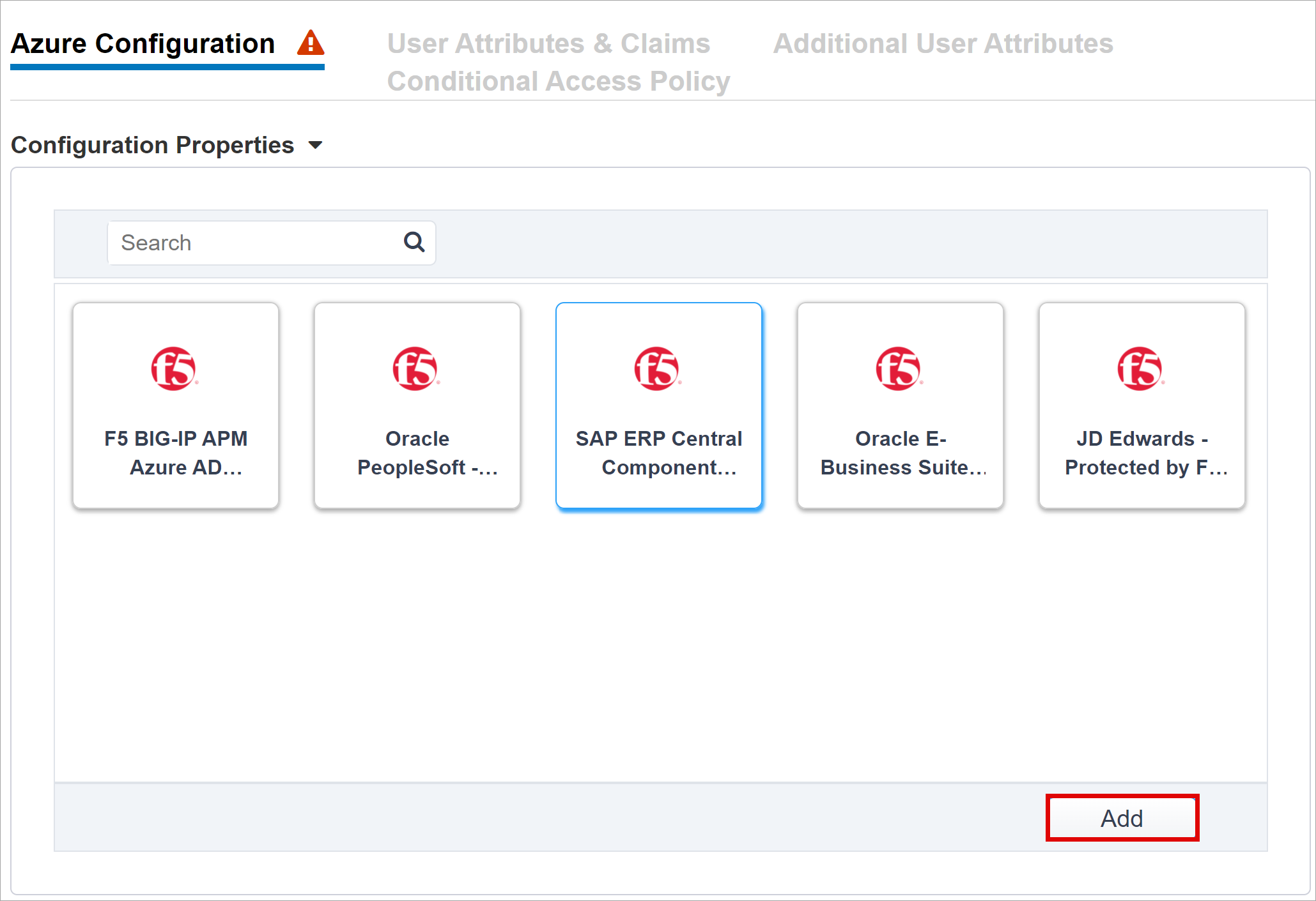 Screenshot of the SAP ERP Central Component option on Azure Configuration and the Add button.