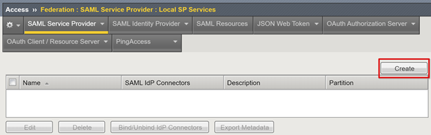 Screenshot of the Create option on the SAML Service Provider tab.
