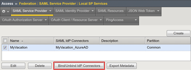 Screenshot of the Bind Unbind IdP Connectors option on the SAML Service Provider tab.